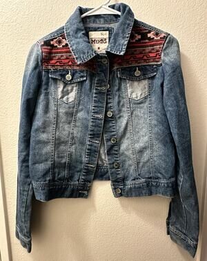 Mudd Vintage Women's Blue Aztec Southwestern Embroidered Yoke Button Jacket M